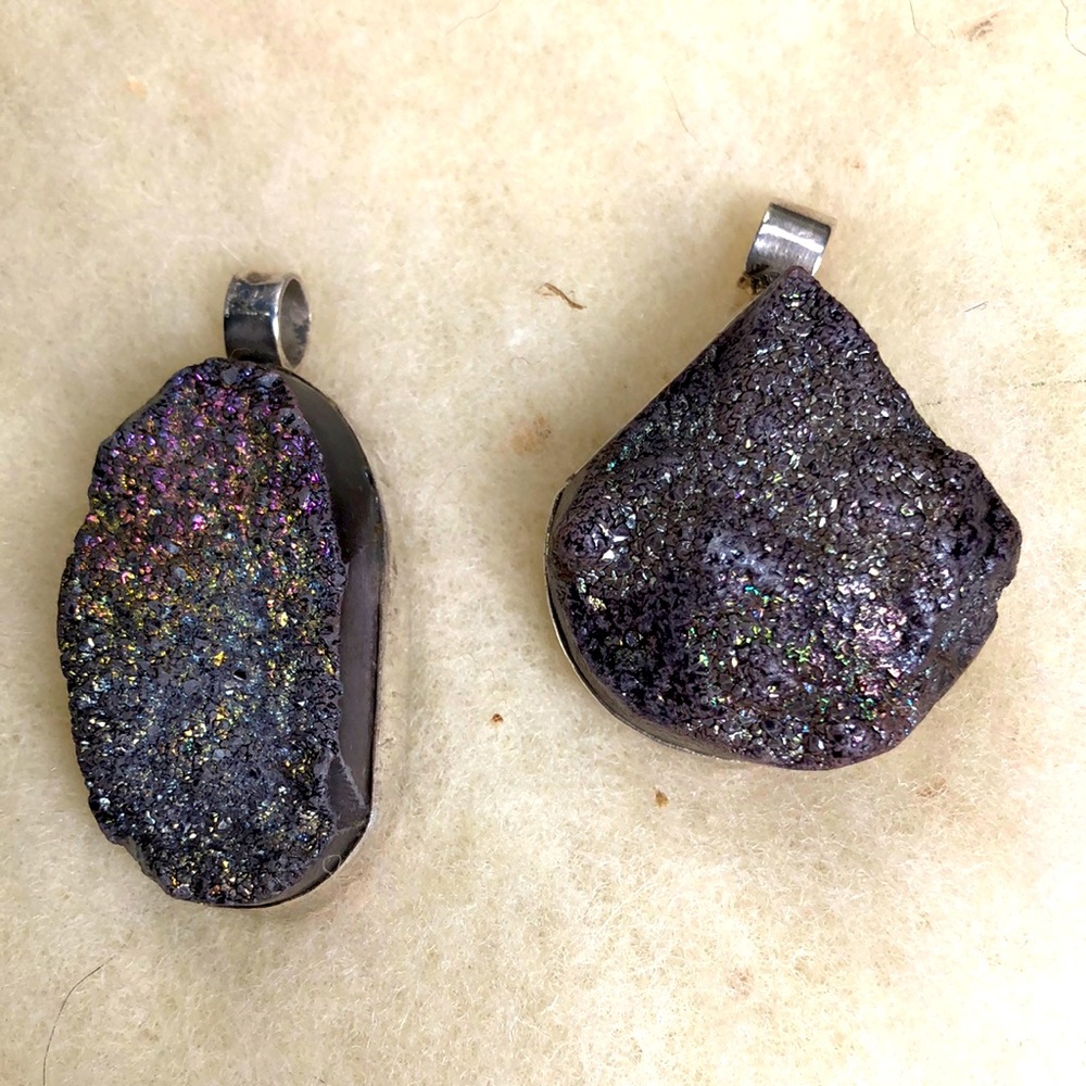Two large Drusy quartz sterling pendants